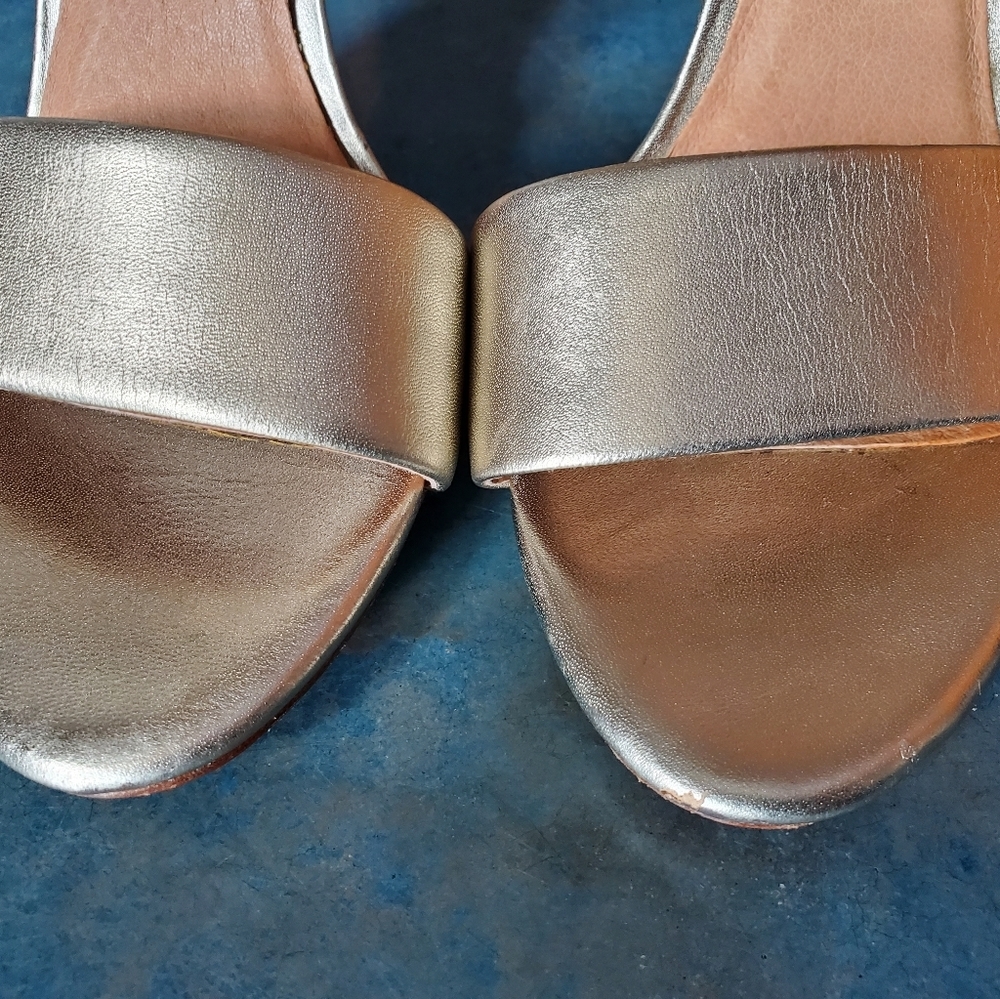 Joie Jaclyn Two Tone gold Ankle Strap Nude Sandal 4" Heel Leather Sole - Picture 8 of 11